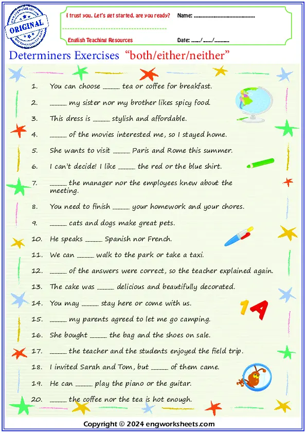 Free ESL Printable Determiners English Grammar Worksheets Worksheet Preview